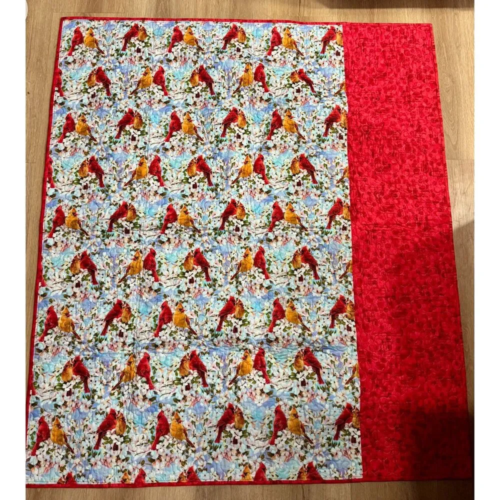 Handmade Cardinal Magnolia Lap Quilt Throw Wall Hanging Reversible 47